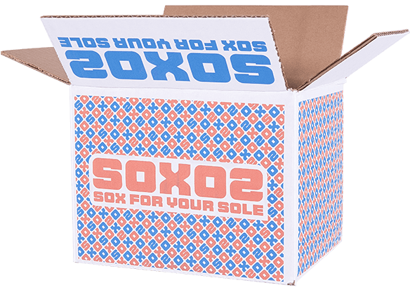 Open white box with 'SOXO2' logo and 'Sox for Your Sole' text on blue and orange patterned background - View 2