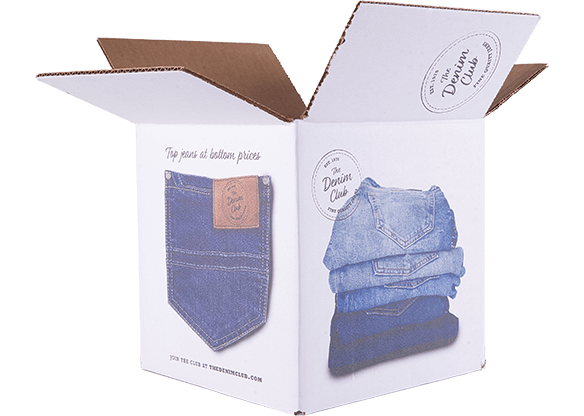 Open white box with 'Denim Club' logo, jeans pocket design, and stacked denim jeans on white background