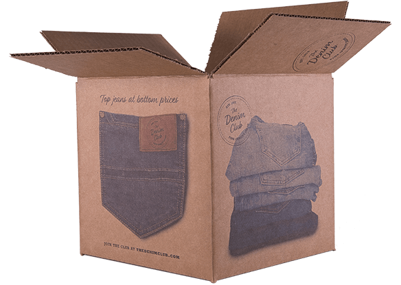 Open brown box with 'Denim Club' logo, jeans pocket design, and stacked denim jeans on white background