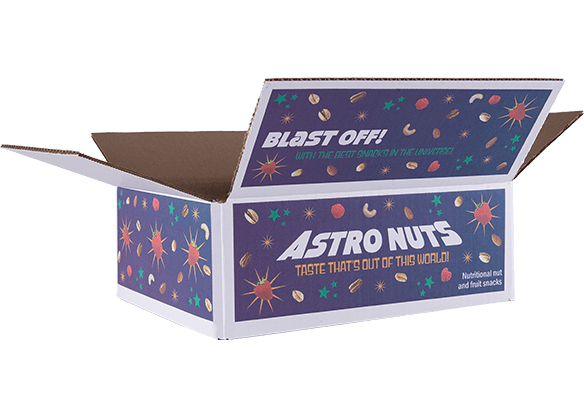 Open box with 'Astro Nuts' logo, space design, and 'Blast Off!' text on purple background