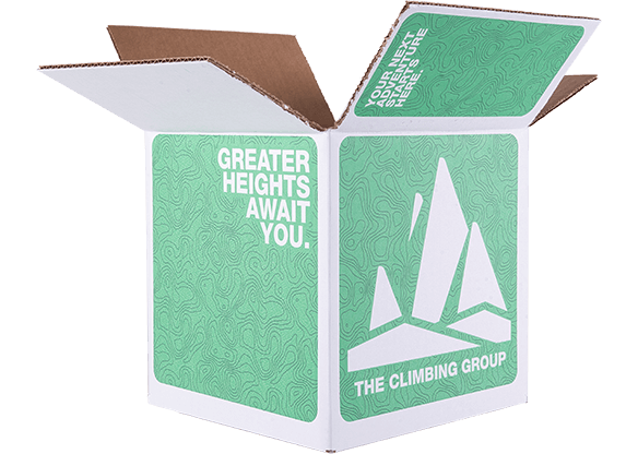 Open box with 'Greater Heights Await You' and 'The Climbing Group' logo, featuring mountain graphic on green background
