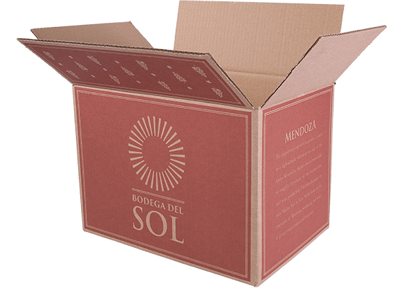 Open box with 'Bodega del Sol' logo and sun design, featuring 'Mendoza' text on a red background