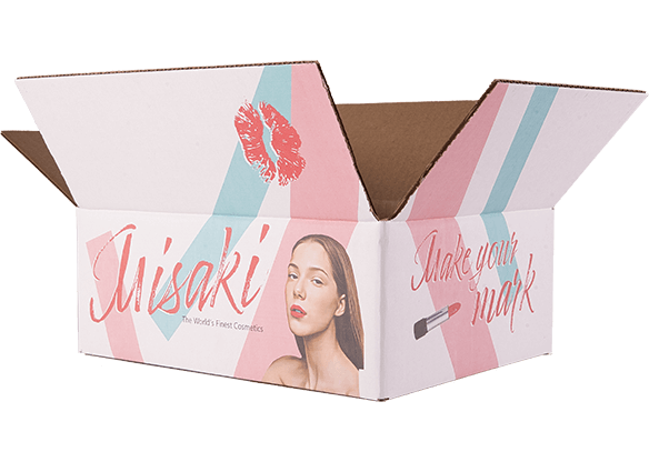 Open box with 'Misaki' logo, makeup design, and 'Make your mark' text on pink and white background - 1